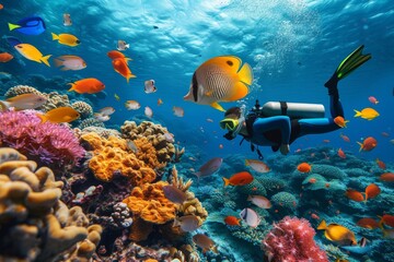 Wall Mural - Exploring the colorful underwater world, a scuba diver gracefully swims among a diverse array of marine life, surrounded by vibrant coral reefs and swaying seaweed, showcasing the beauty and wonder o