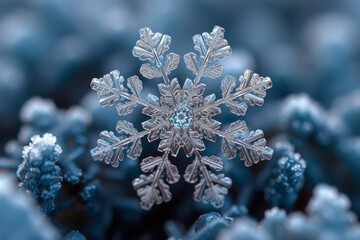 Poster - macro photography of a crystallized snowflake, showcasing the symmetrical beauty of nature's frozen 