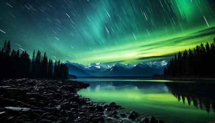 Wall Mural - majestic mountain peak illuminated by star trail in tranquil scene generated by ai