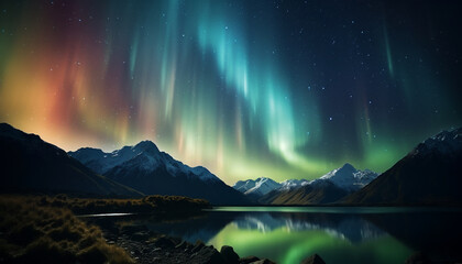 Wall Mural - majestic mountain peak reflects star trail in tranquil winter landscape generated by ai