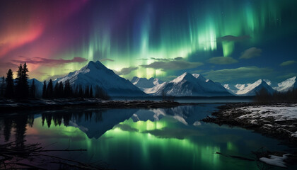 Wall Mural - Majestic mountain range reflects tranquil night sky over icy water generated by AI