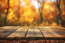 A Rustic Wooden Table Stands Amidst A Sea Of Fallen Autumn Leaves, Surrounded By The Peaceful Embrace Of A Deciduous Forest