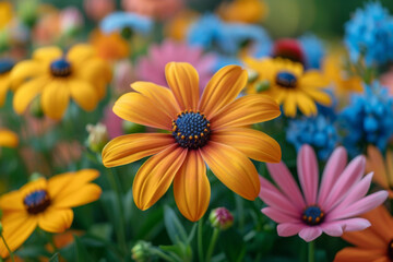 Poster - A close-up of a blooming flower garden filled with an assortment of radiant hues, creating a floral symphony of color. Concept of a lively botanical oasis. Generative Ai.