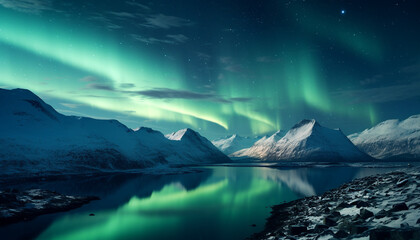 Wall Mural - Majestic mountain range illuminated by aurora, a tranquil winter adventure generated by AI