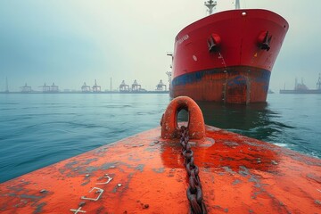 Wall Mural - A vibrant red ship glides gracefully through the serene waters, its reflection mirroring the clear blue sky above, a striking contrast against the natural hues of the outdoor scene the sleek watercra