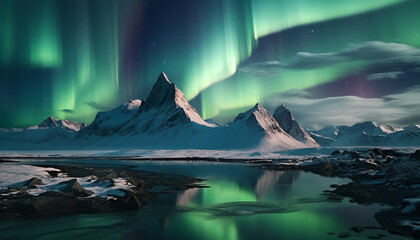 Wall Mural - majestic mountain peak illuminated by aurora polaris at night generated by ai