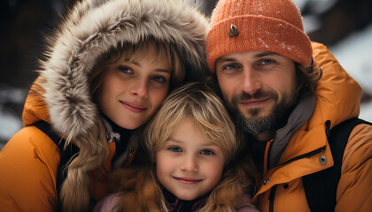 Wall Mural - A happy family embraces in the winter snow generated by AI