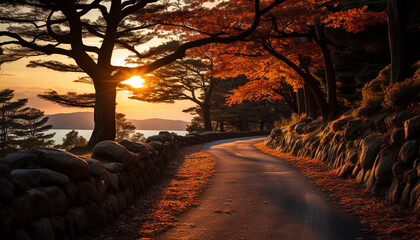 Poster - Tranquil autumn forest, vibrant sunset paints nature beauty generated by AI