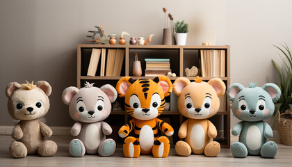 Canvas Print - Cute toy animals sitting, playing, smiling childhood fun indoors generated by AI