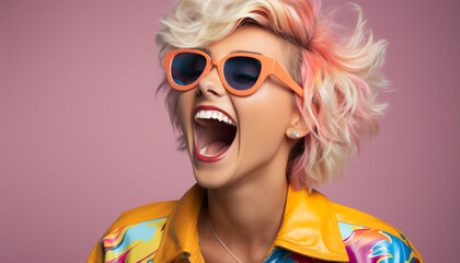 Sticker - Young woman with blond hair and sunglasses, smiling and joyful generated by AI