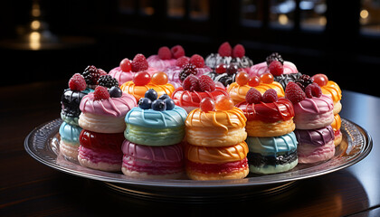 Wall Mural - Homemade gourmet dessert sweet pie with colorful macaroon decoration generated by AI