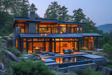 Poster - a home incorporating recycled steel elements in construction, showcasing a commitment to sustainable