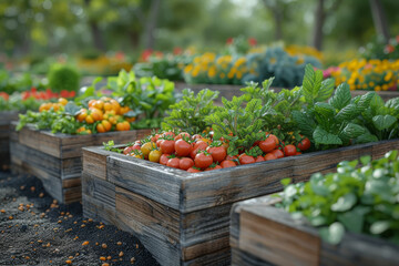 Wall Mural - A community garden tended to by residents, fostering a shared sense of responsibility for sustainable and locally sourced produce. Concept of communal gardening. Generative Ai.