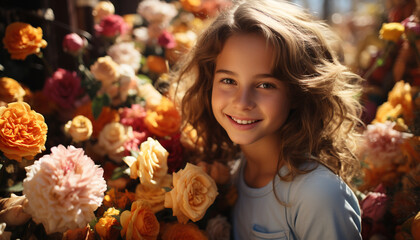 Poster - Smiling girl holds bouquet, radiating happiness in nature beauty generated by AI