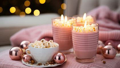 Canvas Print - Cozy winter night  candlelight, chocolate, warmth, and relaxation generated by AI