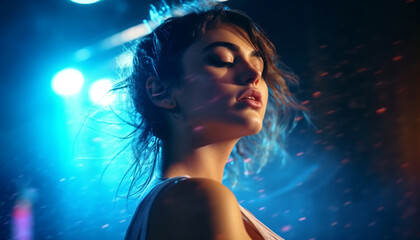 Poster - Young adult woman dancing in nightclub, enjoying the nightlife generated by AI