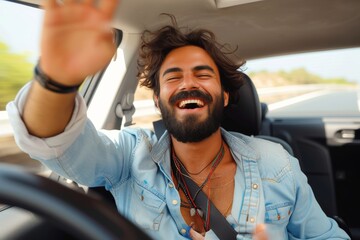 Canvas Print - A bearded man sits in his car, a smile on his face as he waves to someone outside, his clothing perfectly matching the vibrant outdoor scenery