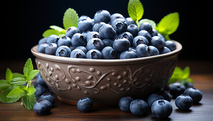 Wall Mural - Fresh blueberries, ripe and juicy, on a wooden bowl generated by AI