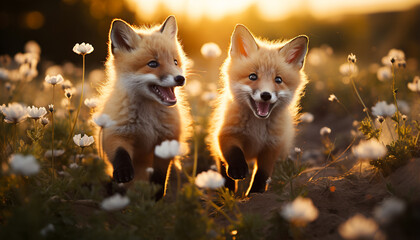 Wall Mural - Cute puppy playing in the grass, nature joyful beauty generated by AI