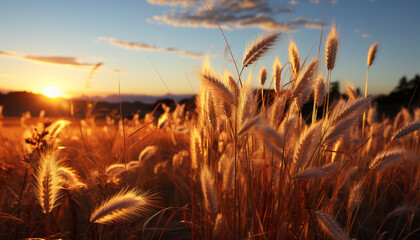 Wall Mural - Sunset over a meadow, nature beauty in vibrant yellow generated by AI