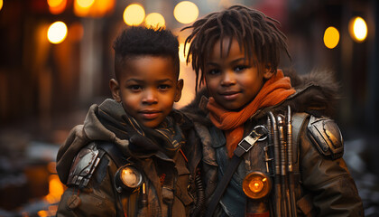 Poster - Two cheerful African American boys playing outdoors, smiling and looking at camera generated by AI