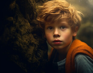 Canvas Print - Cute boy looking at camera, smiling in beautiful autumn forest generated by AI