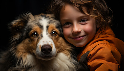 Wall Mural - Cute dog smiling, child embracing, purebred puppy brings joy generated by AI