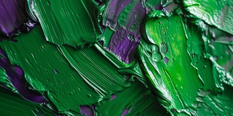 Abstract painting combines green and purple in an impasto style