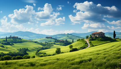 Sticker - Idyllic Italian countryside  rolling landscapes, vineyards, and rustic farmhouses generated by AI