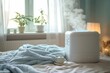 A cozy morning in a serene indoor oasis, with a white bed adorned with linens and pillows, a vase of fresh flowers on the wall, and a humidifier gently misting the air while a coffee cup and mug sit 