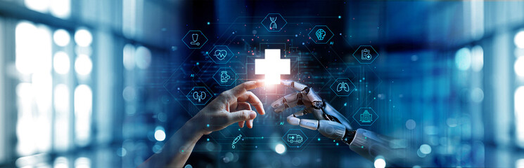 Fototapete - Medical Ai, Hands of robot and human touching on medical data network connection, AI robot for diagnosis increasing accuracy patient treatment in future. technology to improve patient health.