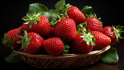 Poster - Freshness of ripe strawberry, organic berry fruit on wooden table generated by AI