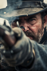 Canvas Print - portrait of American civil war soldier on battlefield aiming gun