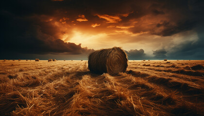 Poster - Agriculture beauty rural meadow, sunset, wheat, haystack, dramatic sky generated by AI