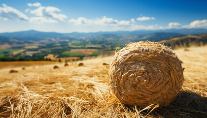 Wall Mural - Rural farm landscape hay bales roll under golden sunset generated by AI