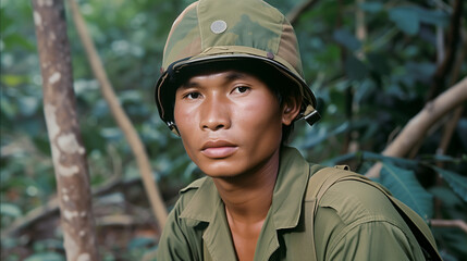 Wall Mural - portrait of Vietnamese soldier in Vietnam war - historical combat photography