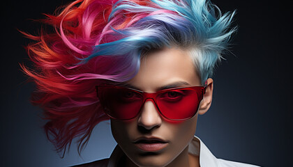 Poster - Young adult woman with sunglasses, a portrait of beauty generated by AI