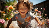 Fototapeta  - Smiling child enjoying playful summer, wet and carefree outdoors generated by AI