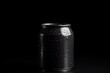 Black aluminum can with droplets on black background. Generative AI