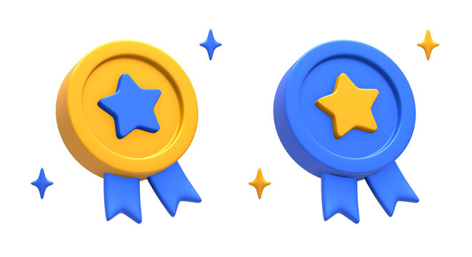 3D rendering of blue yellow champion winner star badge side for UI UX web mobile apps social media ads design