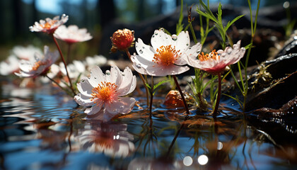 Wall Mural - Beautiful yellow daisy reflects in tranquil pond, surrounded by nature generated by AI