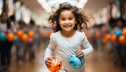 Canvas Print - Smiling child playing, cheerful and cute, indoors with joyful fun generated by AI