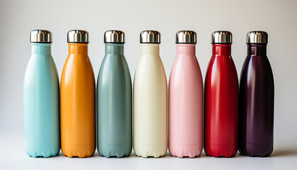 Canvas Print - A row of colorful plastic bottles filled with refreshing drinks generated by AI