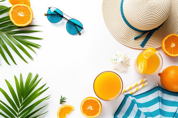 Sticker - Top view flat lay Summer holiday vacation concept, sunglasses, hat, orange juice glass, tropical and palm leaves, on white background