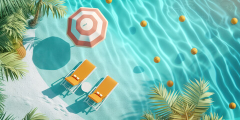 Wall Mural - Top view Vibrant illustration swimming pool and elements of a sunny beach vacation