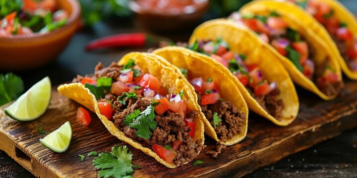 Tasty Mexican cuisine - beef and homemade salsa in taco shells, Generative AI 