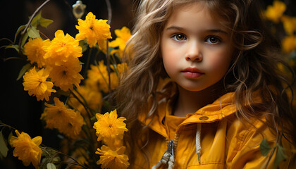 Poster - Smiling girl in nature, enjoying autumn beauty and innocence generated by AI