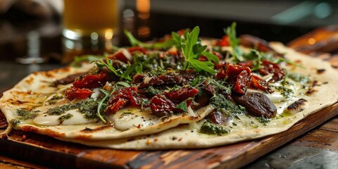 Chef's creation- Piadina with roast beef, sun-dried tomatoes, wild garlic, pesto, mozzarella, and bechamel sauce, Generative AI 