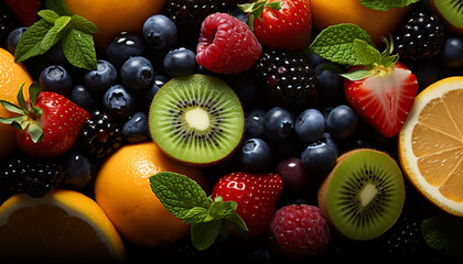 Wall Mural - Fresh, healthy fruit salad raspberry, strawberry, blueberry, orange, kiwi generated by AI