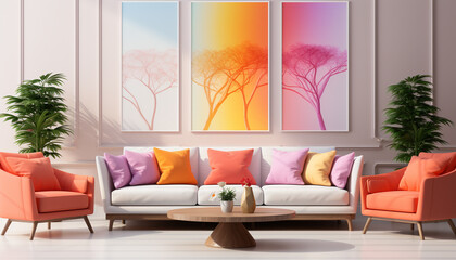 Canvas Print - Modern apartment with comfortable sofa, bright pillows, and elegant decorations generated by AI